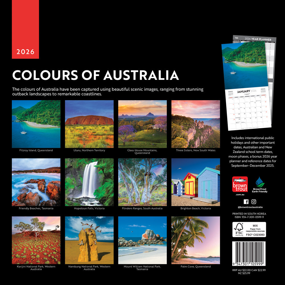 Colours of Australia | 2026 12 x 24 Inch (Hanging) Monthly Square Wall Calendar