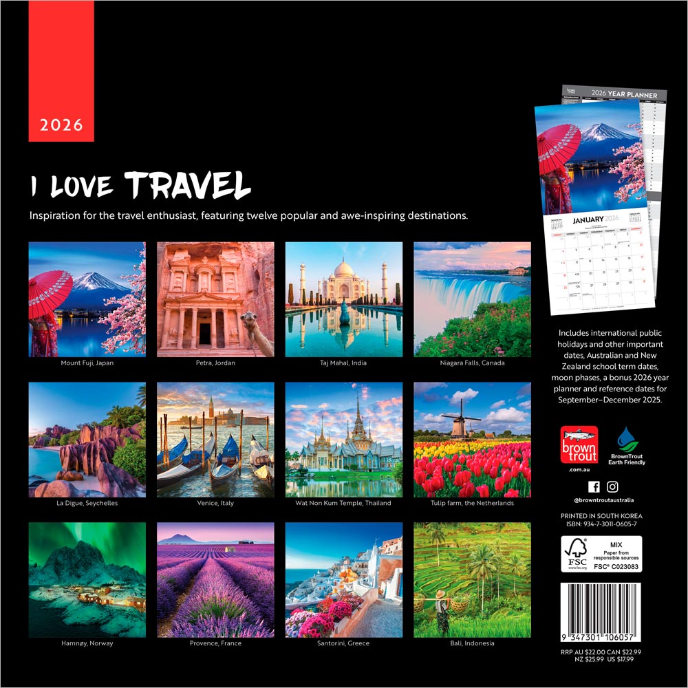 I Love Travel | 2026 12 x 24 Inch (Hanging) Monthly Square Wall Calendar