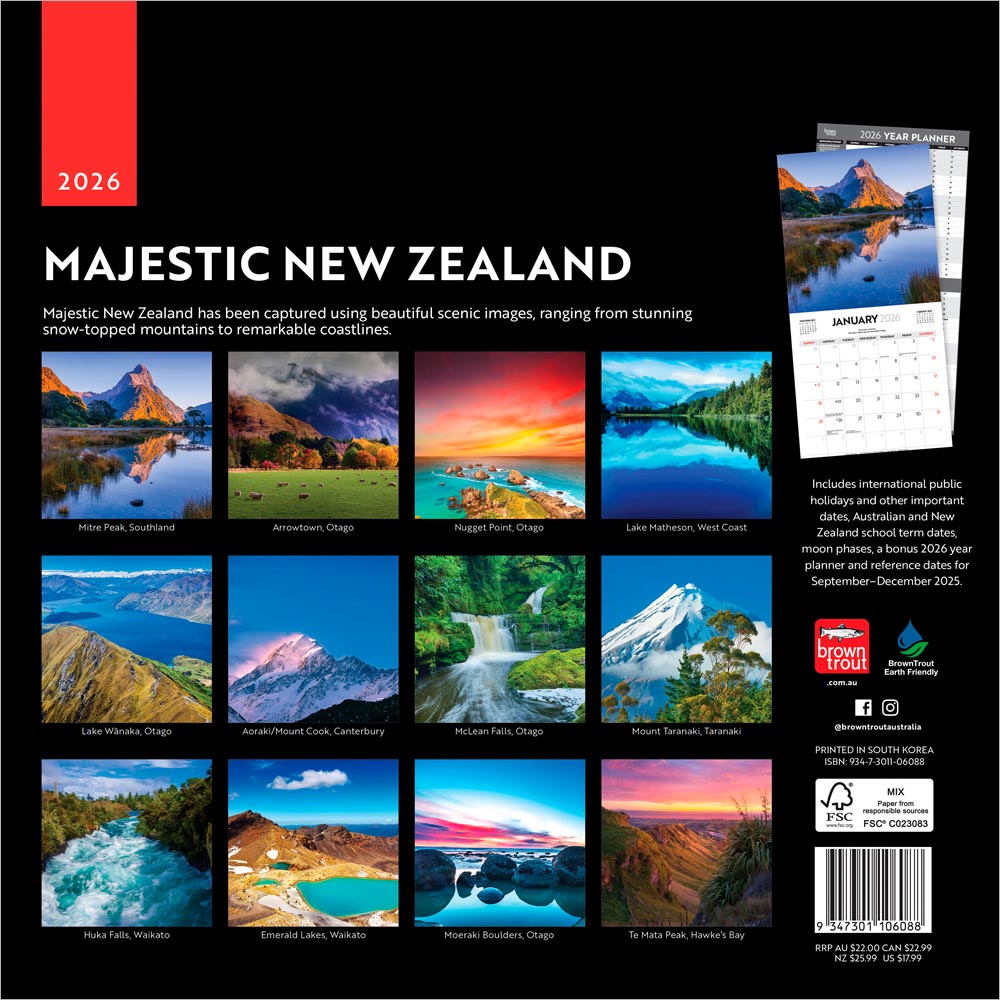Majestic New Zealand | 2026 12 x 24 Inch (Hanging) Monthly Square Wall Calendar