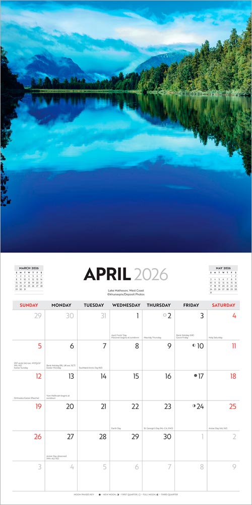 Majestic New Zealand | 2026 12 x 24 Inch (Hanging) Monthly Square Wall Calendar