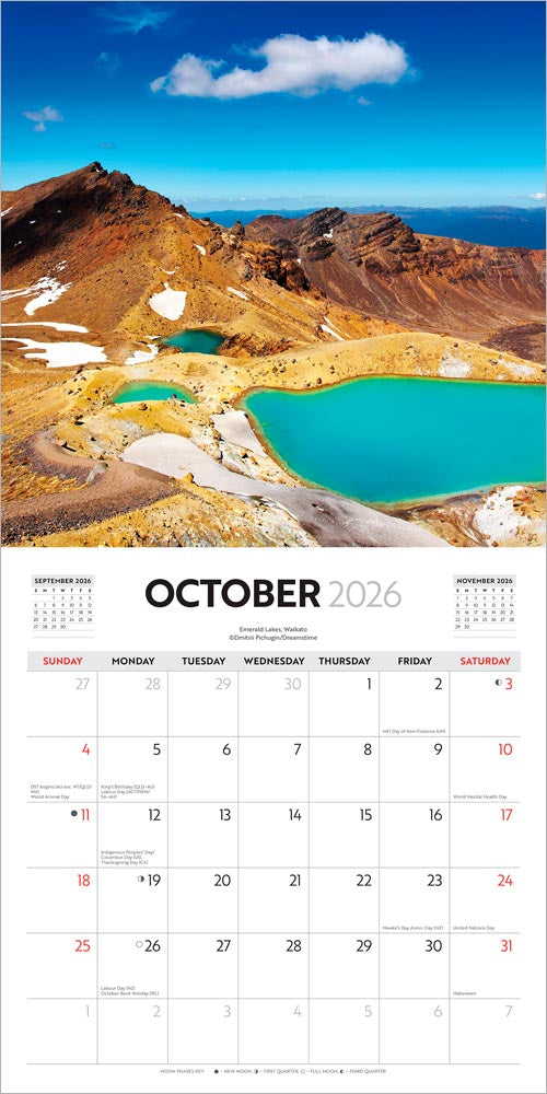 Majestic New Zealand | 2026 12 x 24 Inch (Hanging) Monthly Square Wall Calendar