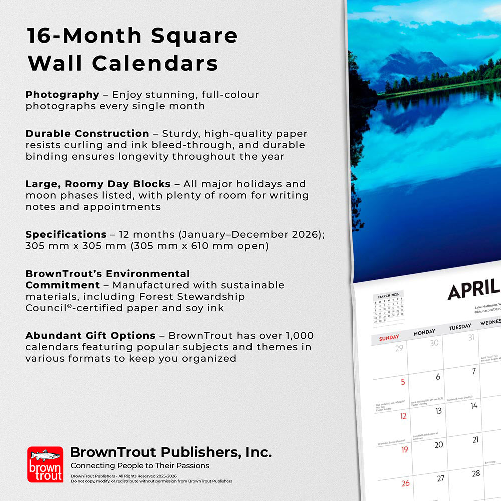 Majestic New Zealand | 2026 12 x 24 Inch (Hanging) Monthly Square Wall Calendar