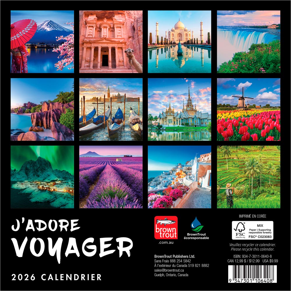 J'adore voyager | 2026 7 x 14 Inch (Hanging) Monthly Mini Wall Calendar | French Language