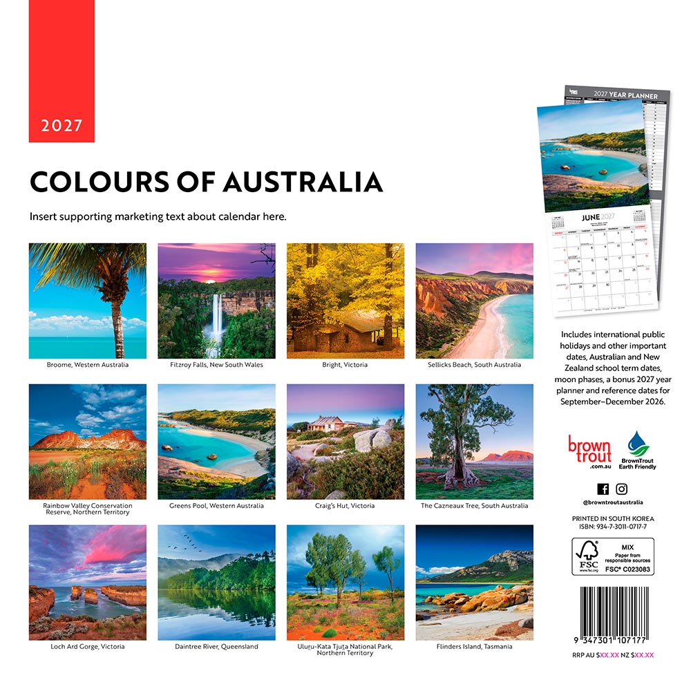 Colours of Australia | 2027 12 x 24 Inch (Hanging) Monthly Square Wall Calendar