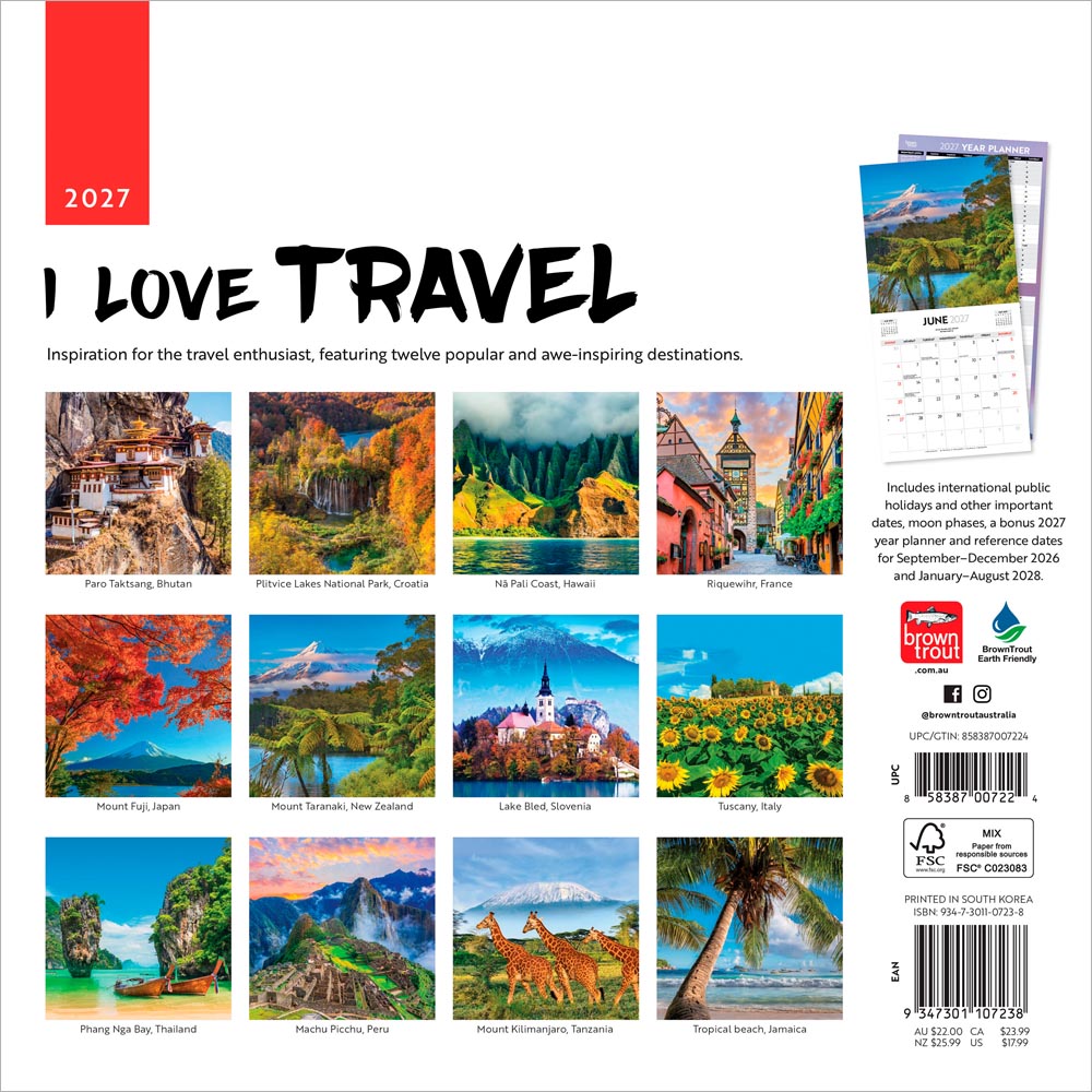 I Love Travel | 2027 12 x 24 Inch (Hanging) Monthly Square Wall Calendar