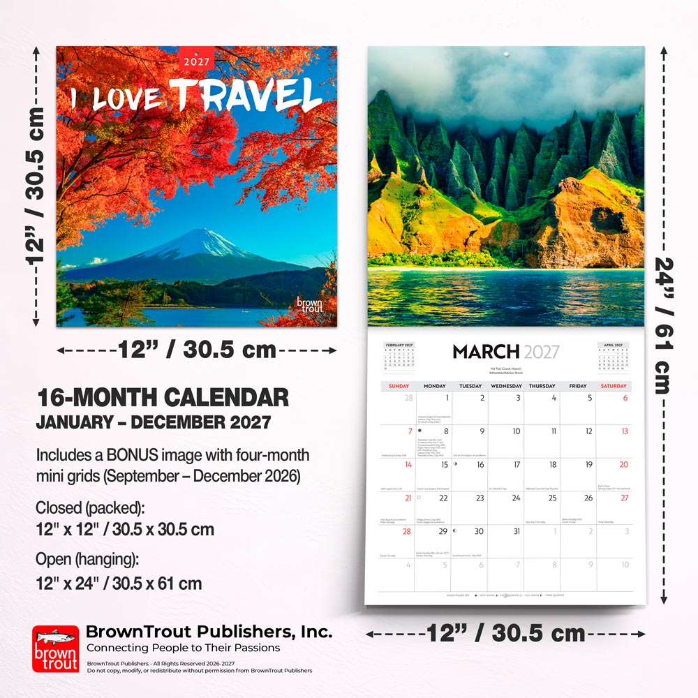 I Love Travel | 2027 12 x 24 Inch (Hanging) Monthly Square Wall Calendar