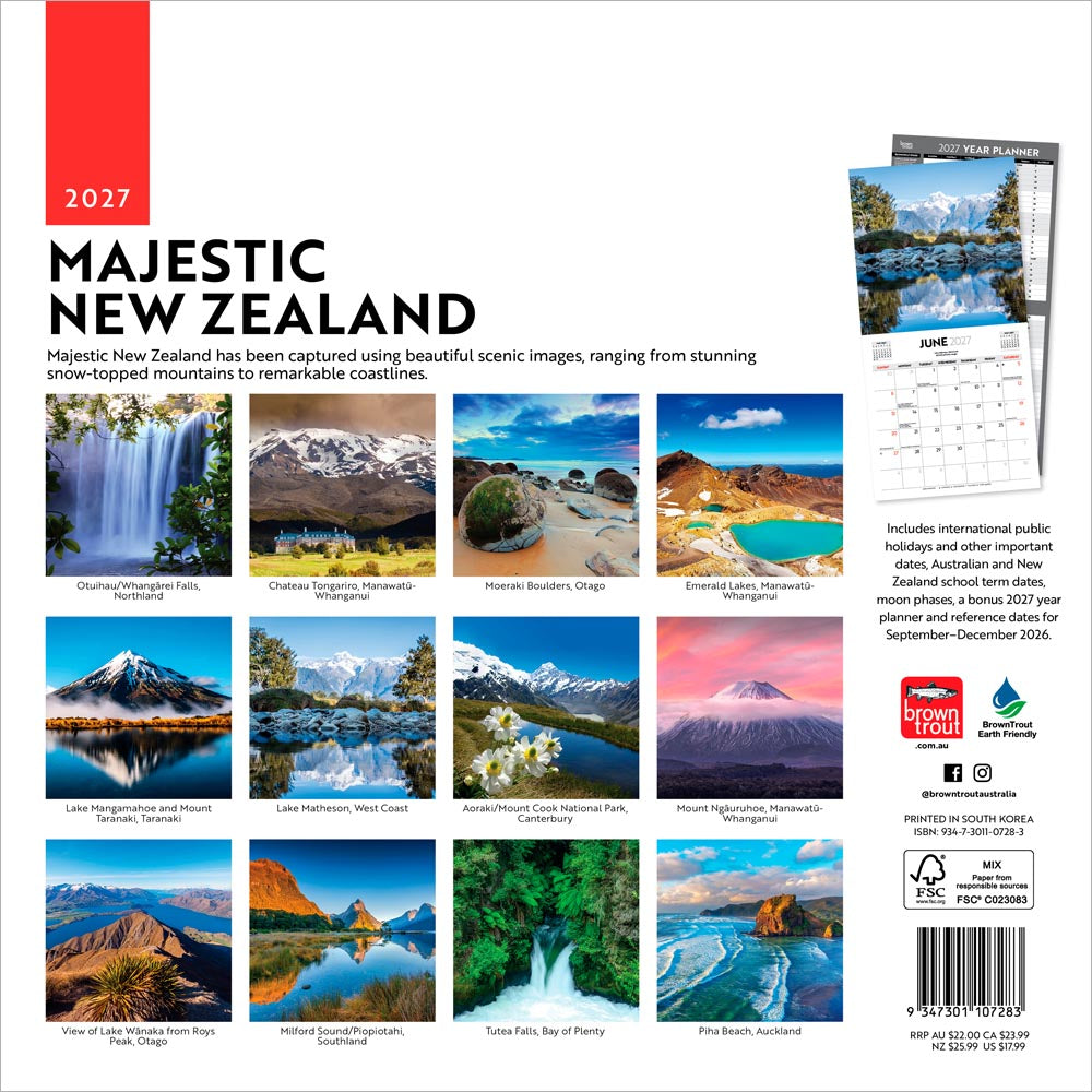 Majestic New Zealand | 2027 12 x 24 Inch (Hanging) Monthly Square Wall Calendar