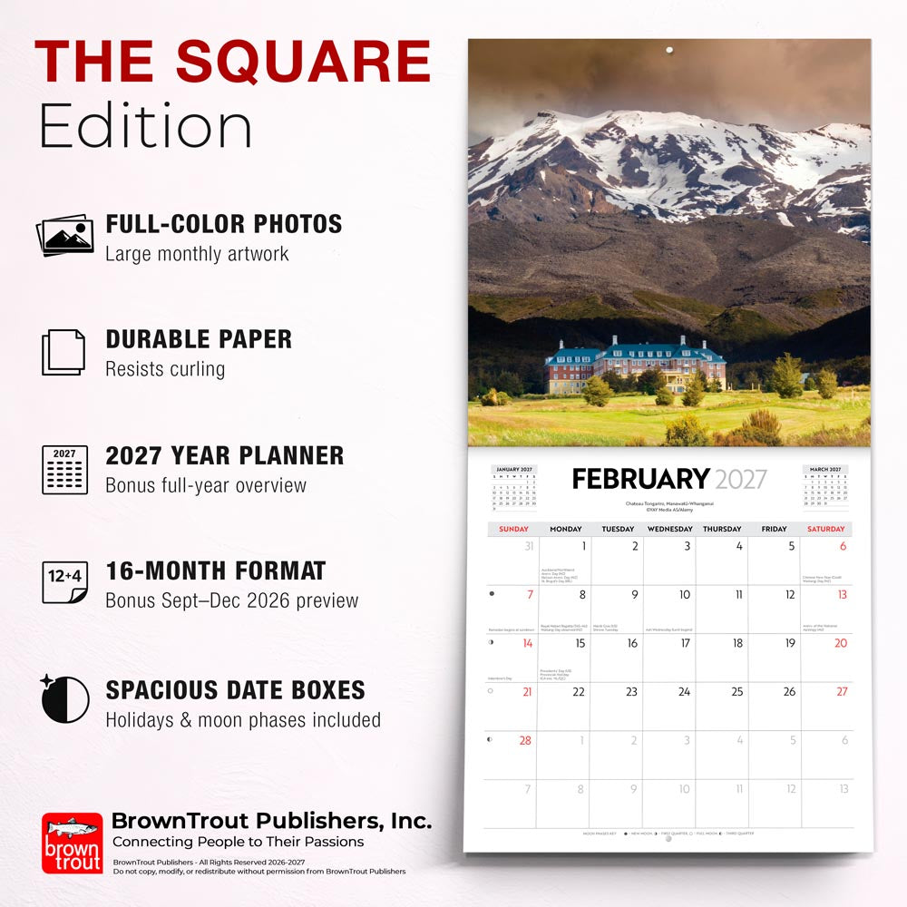 Majestic New Zealand | 2027 12 x 24 Inch (Hanging) Monthly Square Wall Calendar
