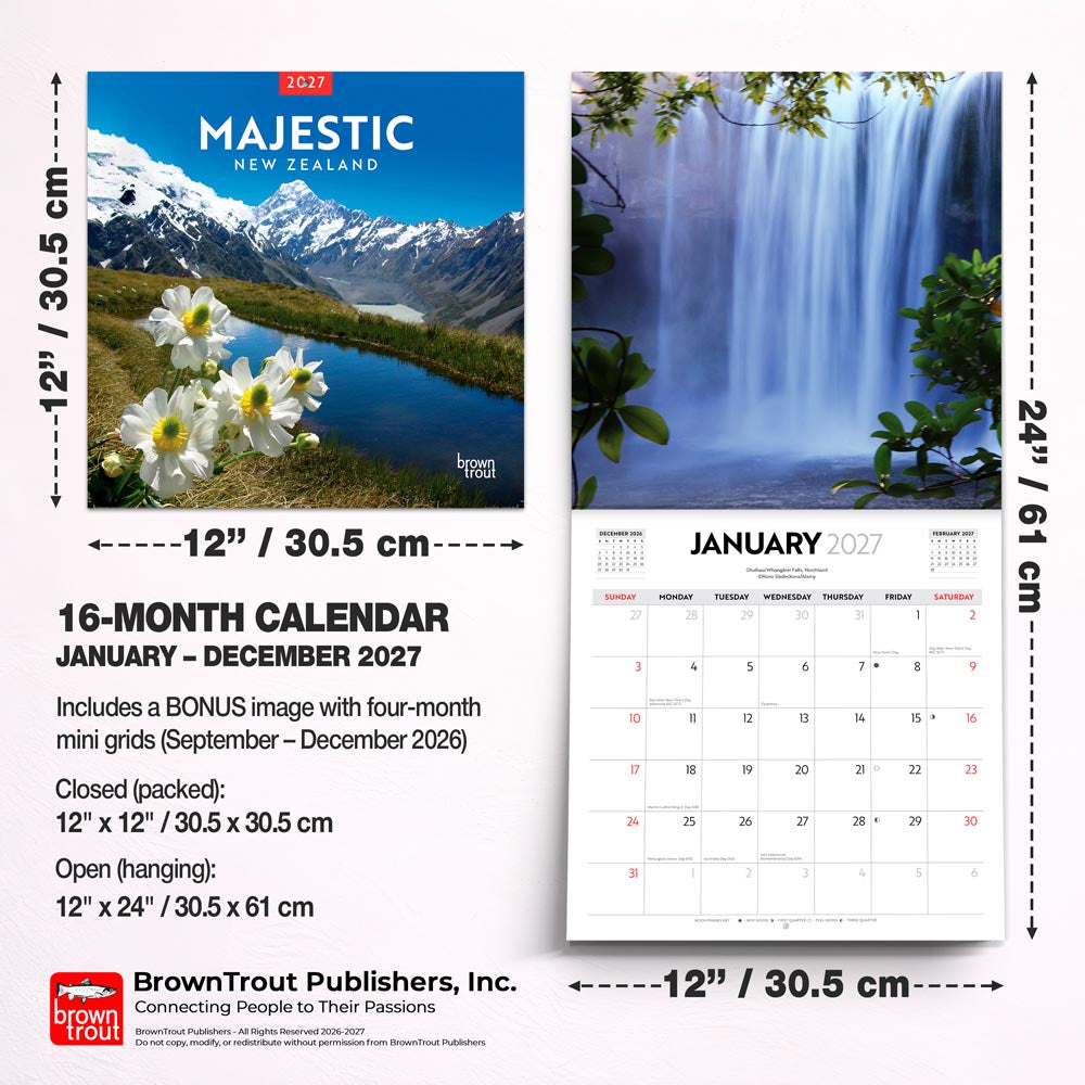 Majestic New Zealand | 2027 12 x 24 Inch (Hanging) Monthly Square Wall Calendar