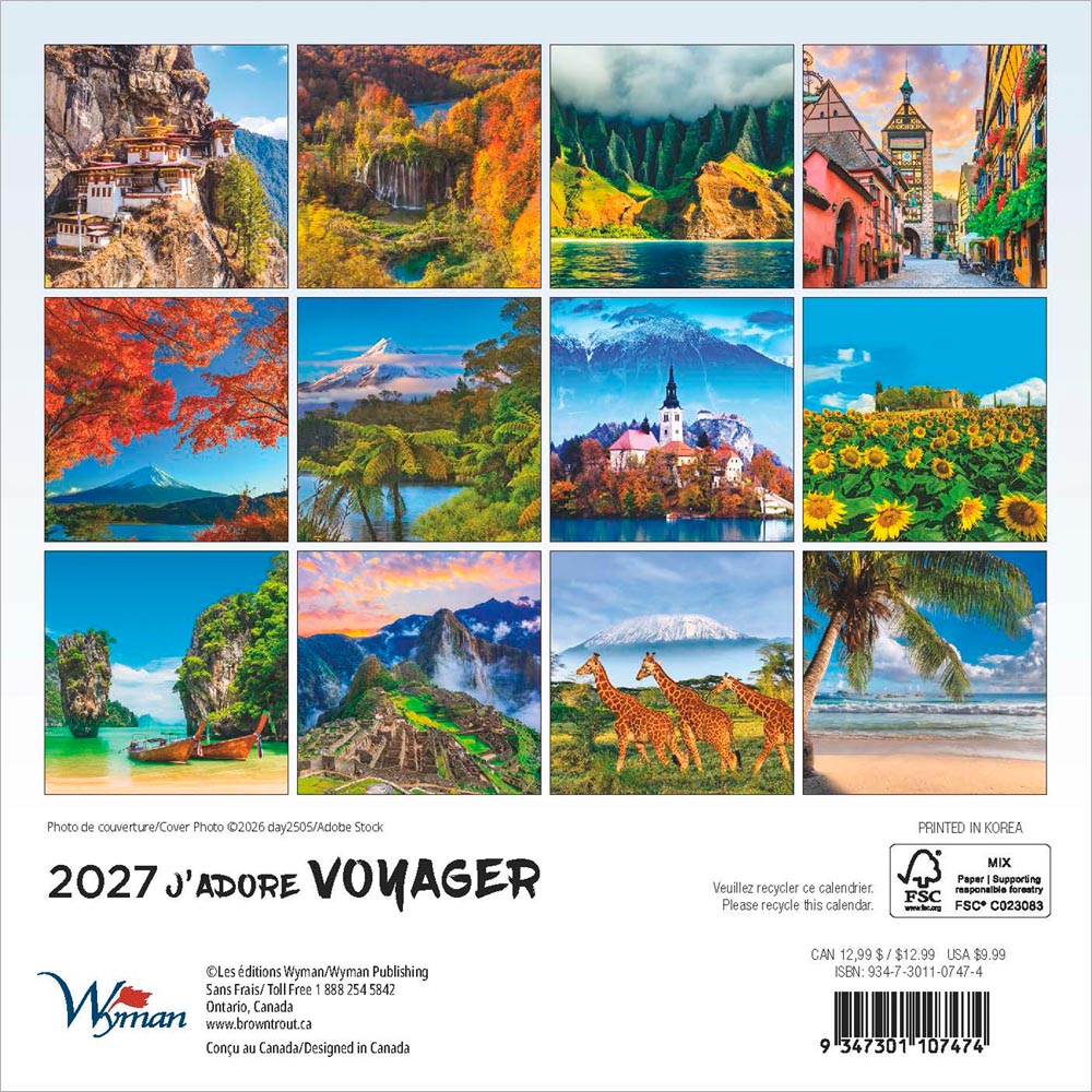 J'adore voyager | 2027 7 x 14 Inch (Hanging) Monthly Mini Wall Calendar | French Language