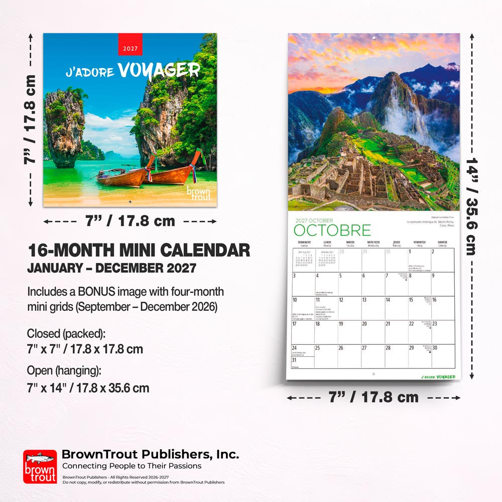 J'adore voyager | 2027 7 x 14 Inch (Hanging) Monthly Mini Wall Calendar | French Language