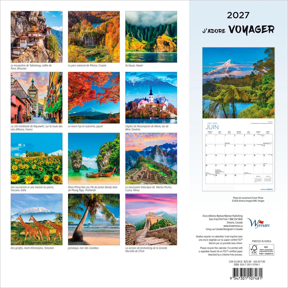 J'adore voyager | 2027 12 x 24 Inch (Hanging) Monthly Square Wall Calendar | French Language