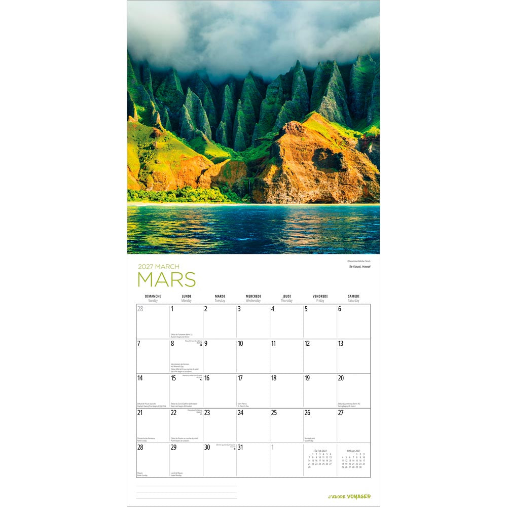 J'adore voyager | 2027 12 x 24 Inch (Hanging) Monthly Square Wall Calendar | French Language