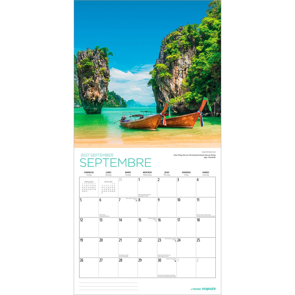 J'adore voyager | 2027 12 x 24 Inch (Hanging) Monthly Square Wall Calendar | French Language