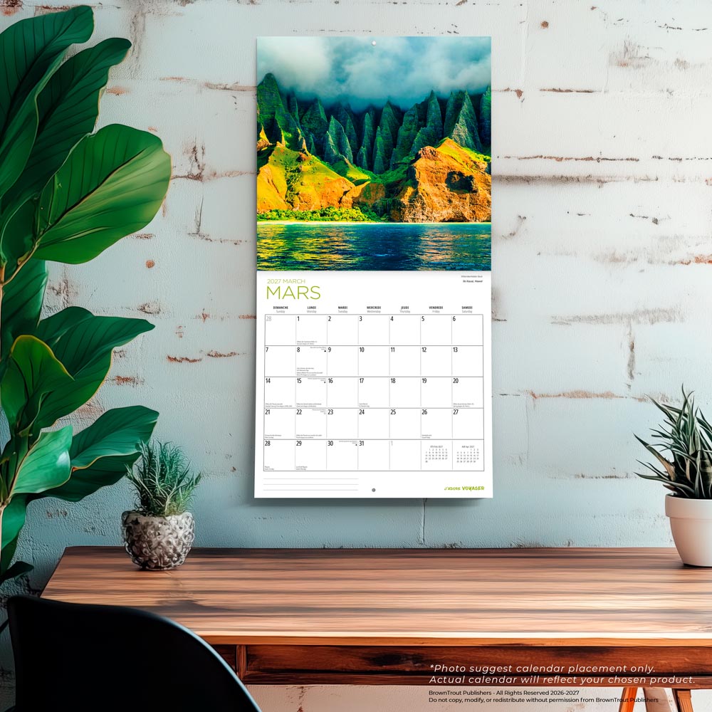 J'adore voyager | 2027 12 x 24 Inch (Hanging) Monthly Square Wall Calendar | French Language