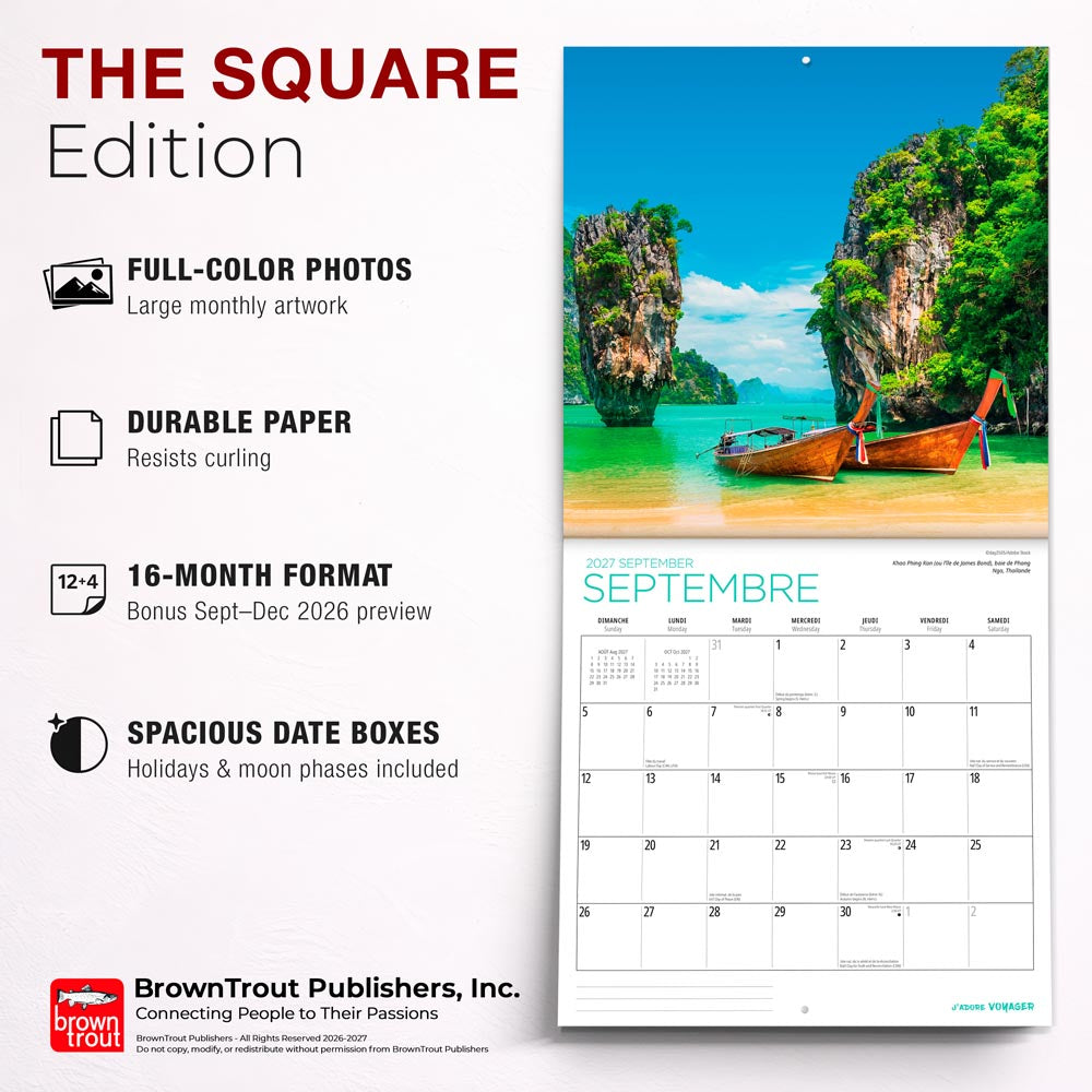 J'adore voyager | 2027 12 x 24 Inch (Hanging) Monthly Square Wall Calendar | French Language