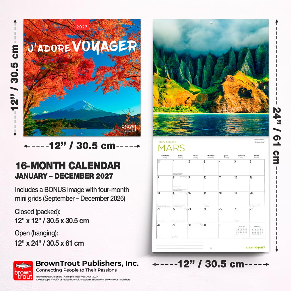 J'adore voyager | 2027 12 x 24 Inch (Hanging) Monthly Square Wall Calendar | French Language