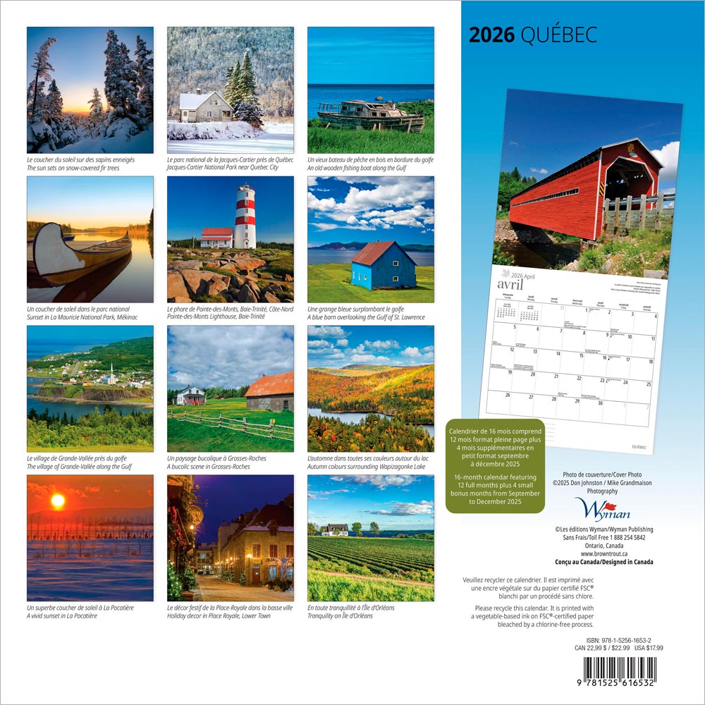 Quebec | 2026 12 x 24 Inch (Hanging) Monthly Square Wall Calendar | English/French Bilingual