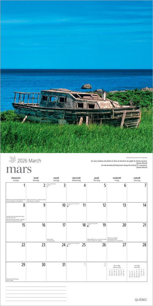Quebec | 2026 12 x 24 Inch (Hanging) Monthly Square Wall Calendar | English/French Bilingual