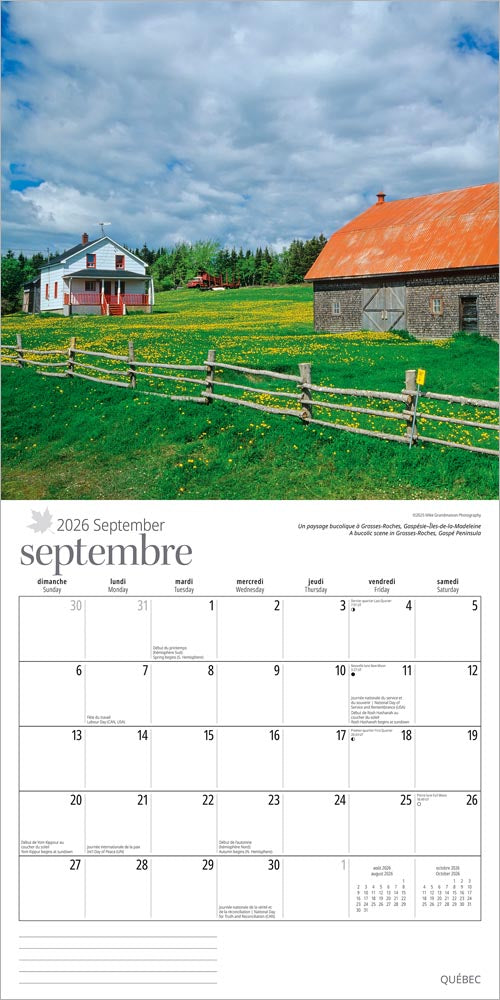 Quebec | 2026 12 x 24 Inch (Hanging) Monthly Square Wall Calendar | English/French Bilingual
