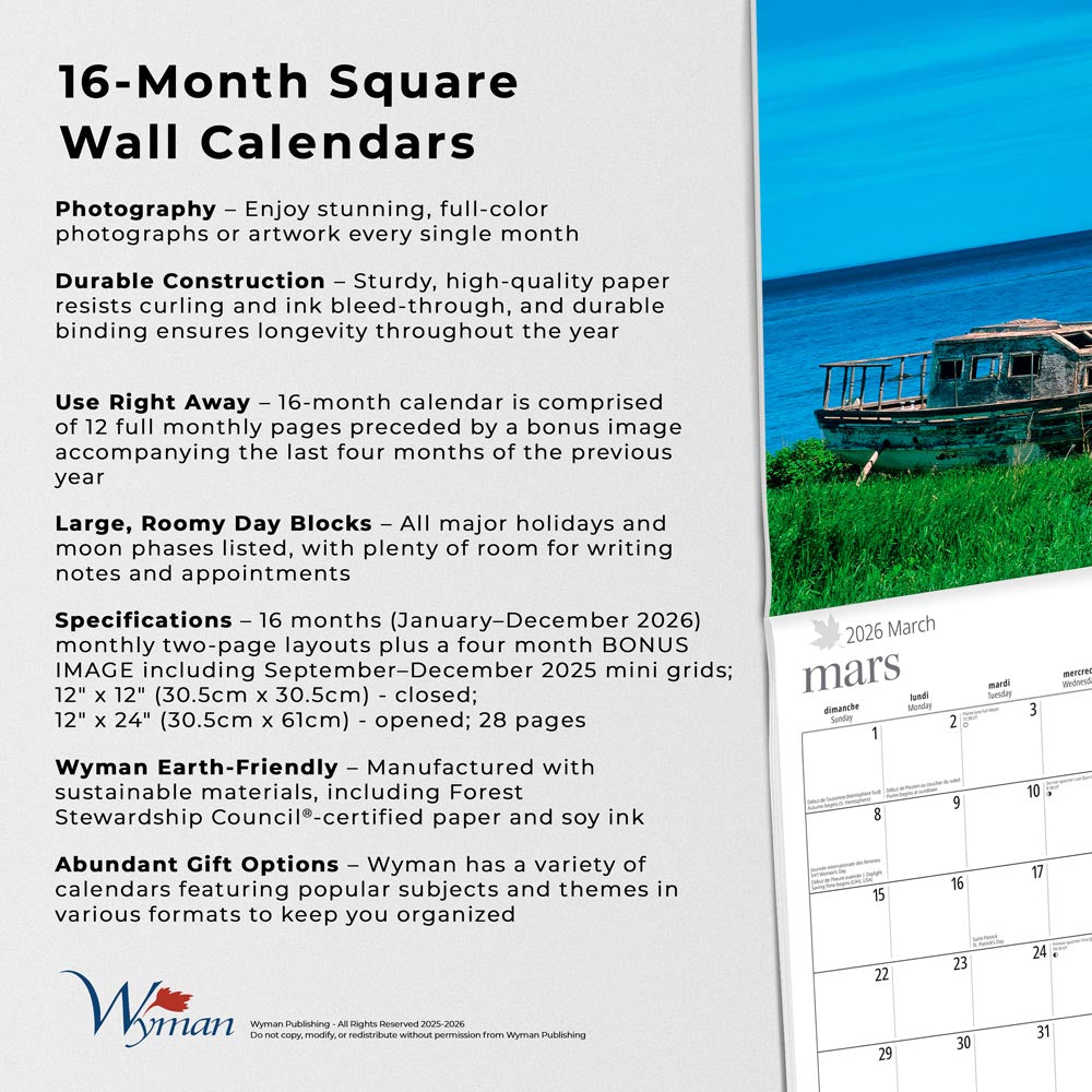 Quebec | 2026 12 x 24 Inch (Hanging) Monthly Square Wall Calendar | English/French Bilingual