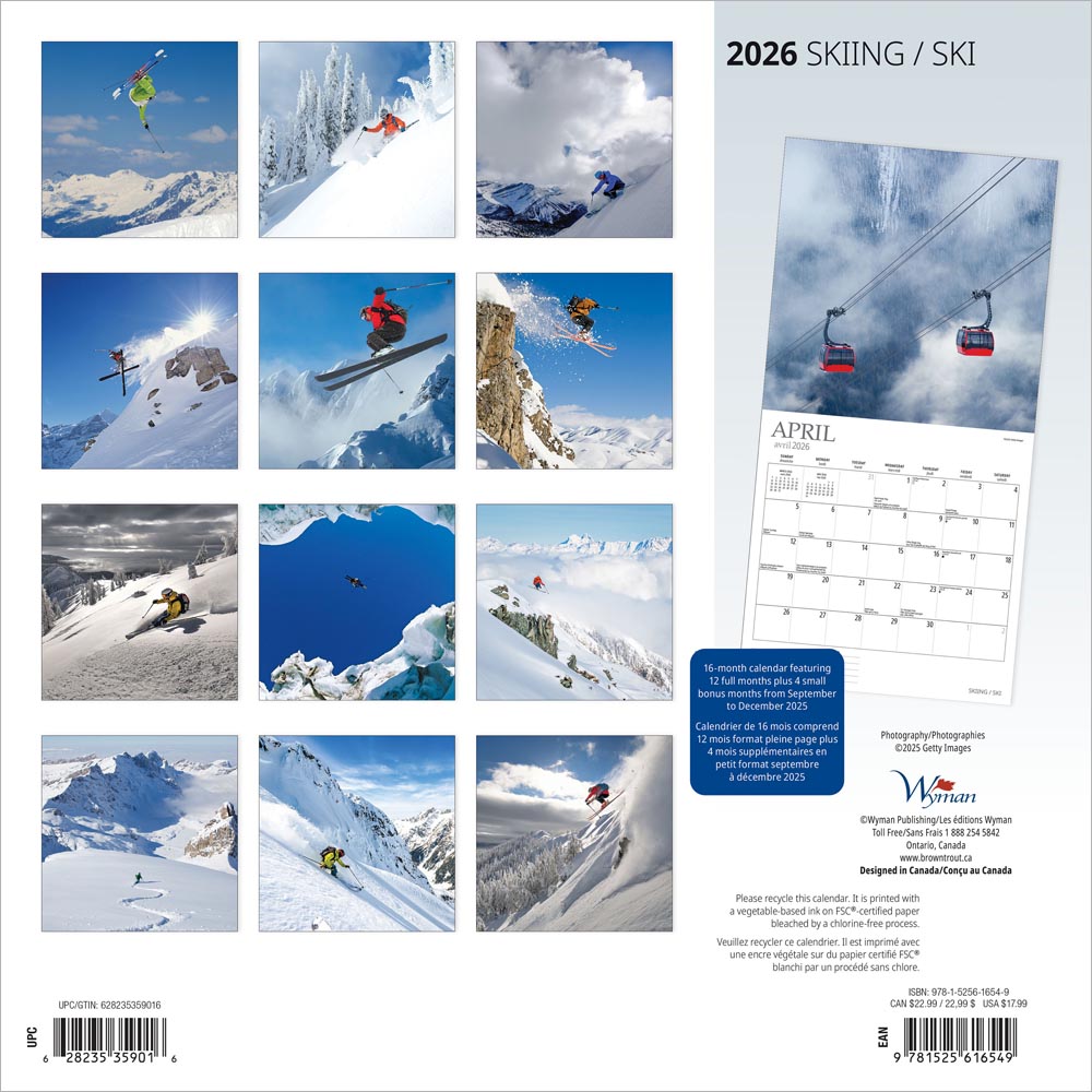 Skiing | 2026 12 x 24 Inch (Hanging) Monthly Square Wall Calendar | English/French Bilingual