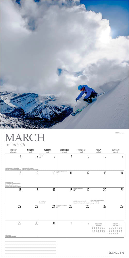 Skiing | 2026 12 x 24 Inch (Hanging) Monthly Square Wall Calendar | English/French Bilingual