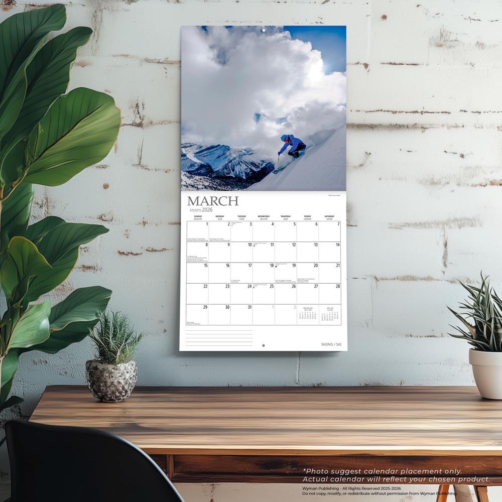 Skiing | 2026 12 x 24 Inch (Hanging) Monthly Square Wall Calendar | English/French Bilingual