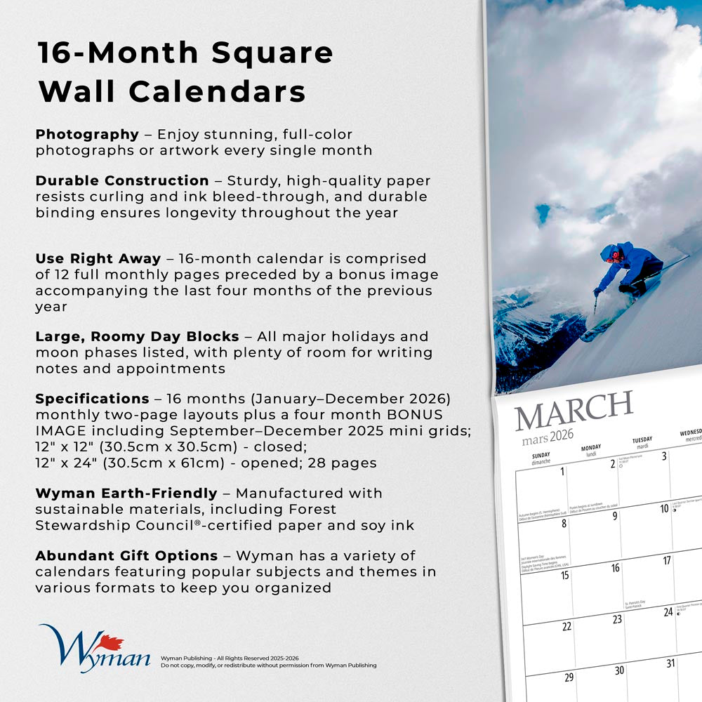 Skiing | 2026 12 x 24 Inch (Hanging) Monthly Square Wall Calendar | English/French Bilingual