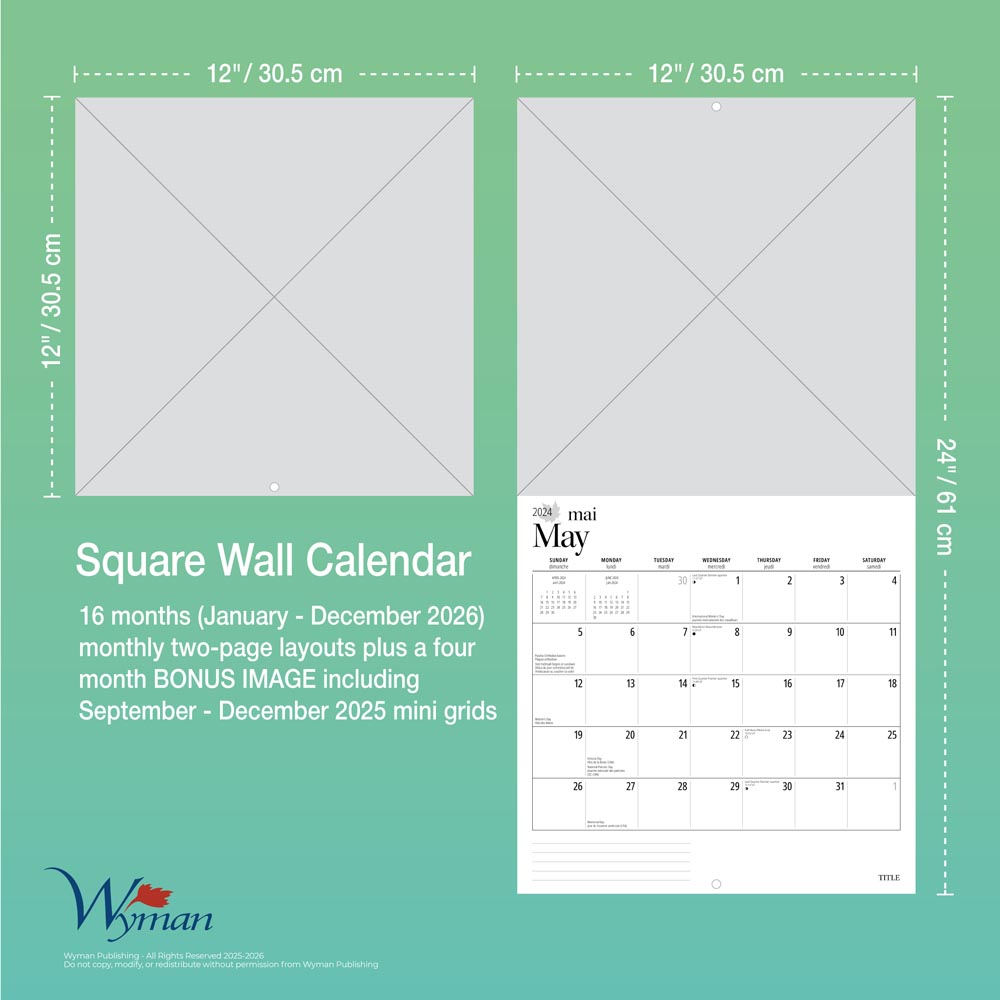 Skiing | 2026 12 x 24 Inch (Hanging) Monthly Square Wall Calendar | English/French Bilingual