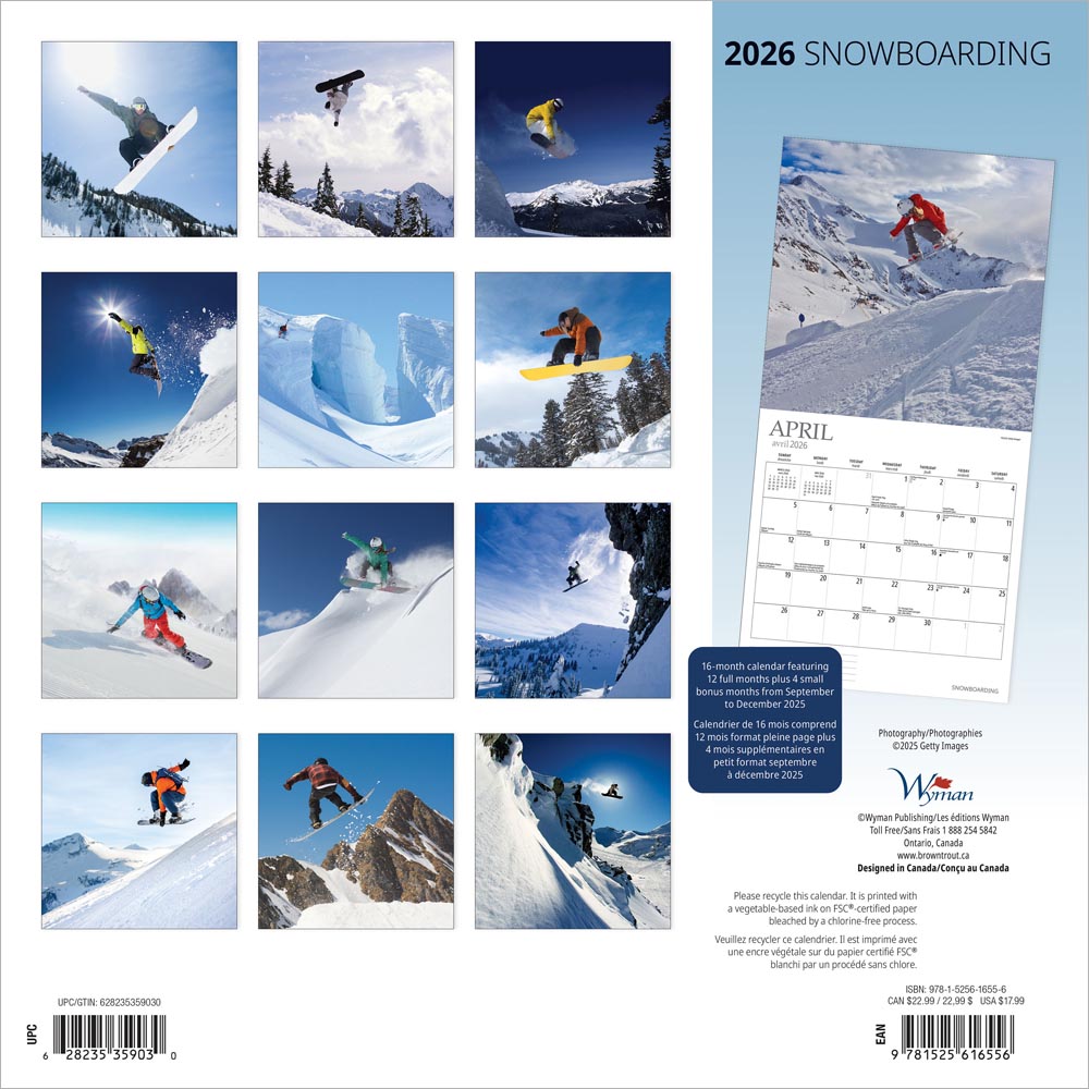 Snowboarding | 2026 12 x 24 Inch (Hanging) Monthly Square Wall Calendar