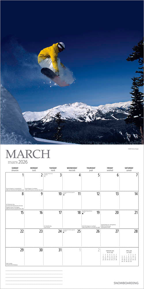 Snowboarding | 2026 12 x 24 Inch (Hanging) Monthly Square Wall Calendar
