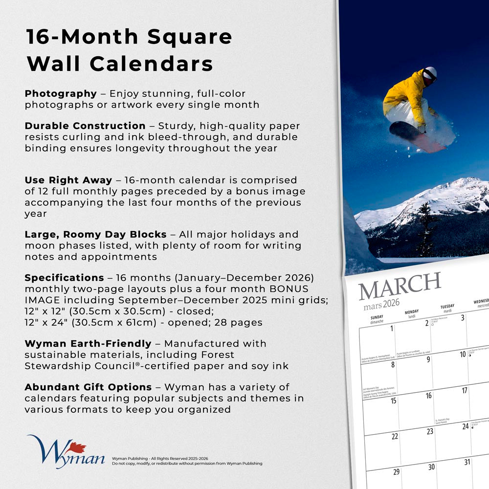 Snowboarding | 2026 12 x 24 Inch (Hanging) Monthly Square Wall Calendar