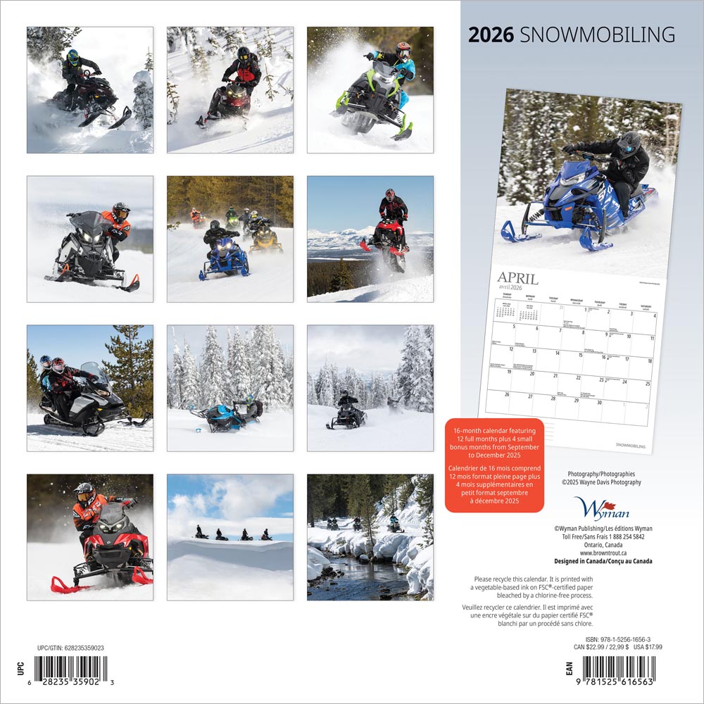 Snowmobiling | 2026 12 x 24 Inch (Hanging) Monthly Square Wall Calendar