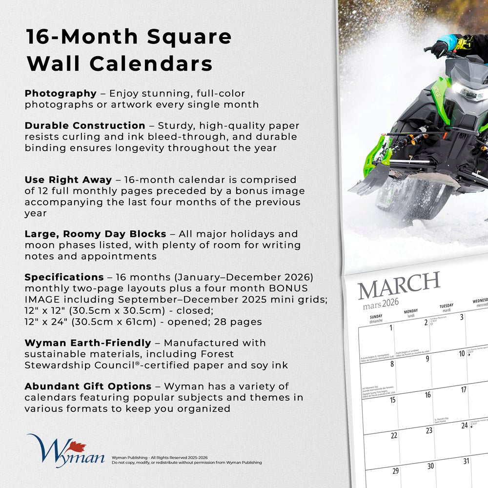 Snowmobiling | 2026 12 x 24 Inch (Hanging) Monthly Square Wall Calendar