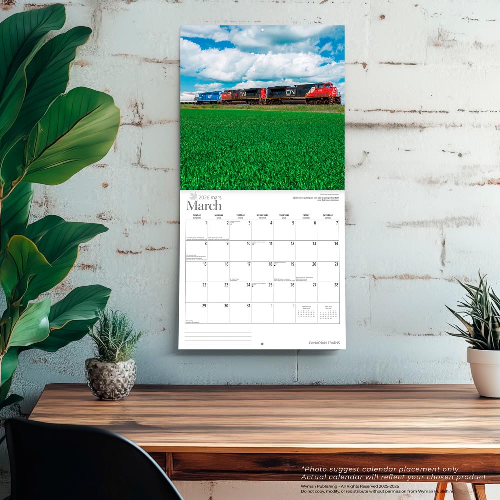 Canadian Trains | 2026 12 x 24 Inch (Hanging) Monthly Square Wall Calendar | Foil Stamped Cover