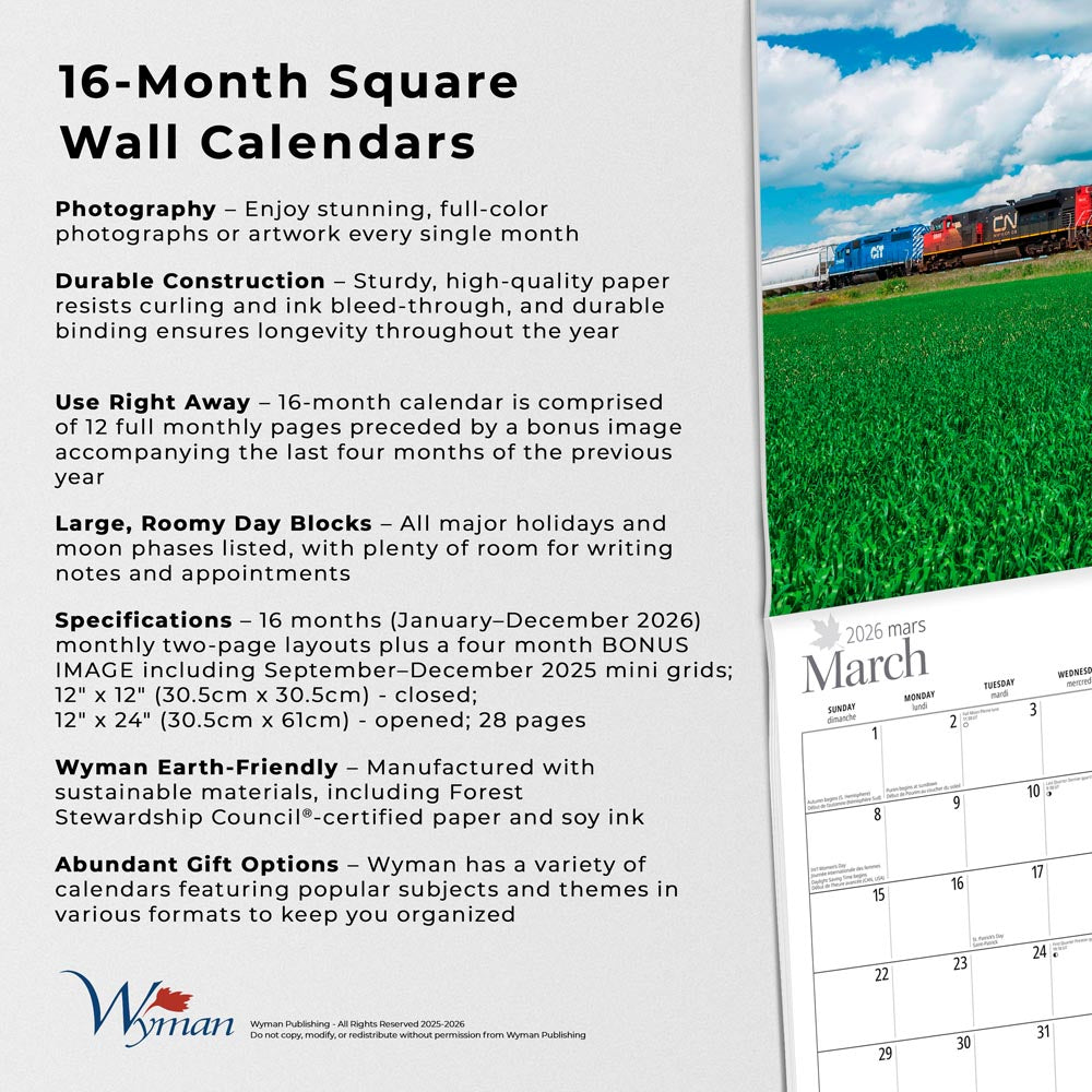 Canadian Trains | 2026 12 x 24 Inch (Hanging) Monthly Square Wall Calendar | Foil Stamped Cover