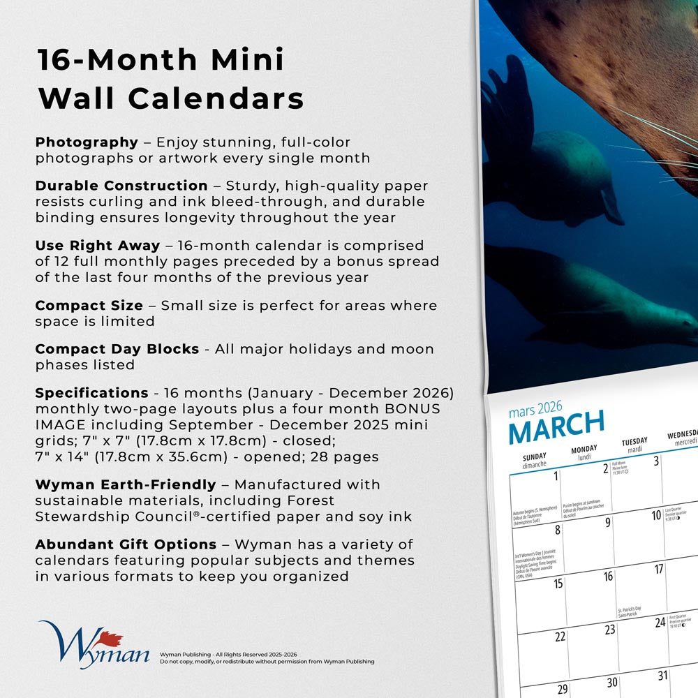 Canadian Geographic Wildlife OFFICIAL | 2026 7 x 14 Inch (Hanging) Monthly Mini Wall Calendar