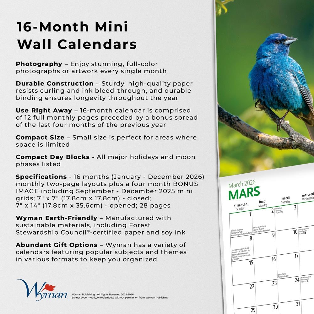Canadian Geographic Oiseaux OFFICIEL | 2026 7 x 14 Inch (Hanging) Monthly Mini Wall Calendar | French Language