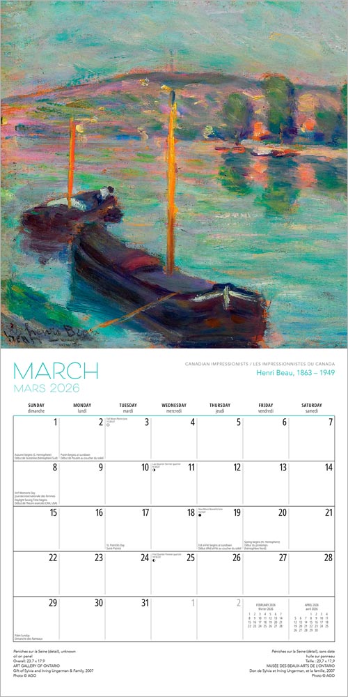 Canadian Impressionists AGO OFFICIAL | 2026 12 x 24 Inch (Hanging) Monthly Square Wall Calendar | English/French Bilingual