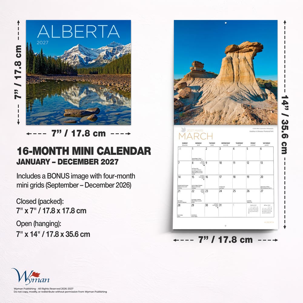 Alberta | 2027 7 x 14 Inch (Hanging) Monthly Mini Wall Calendar