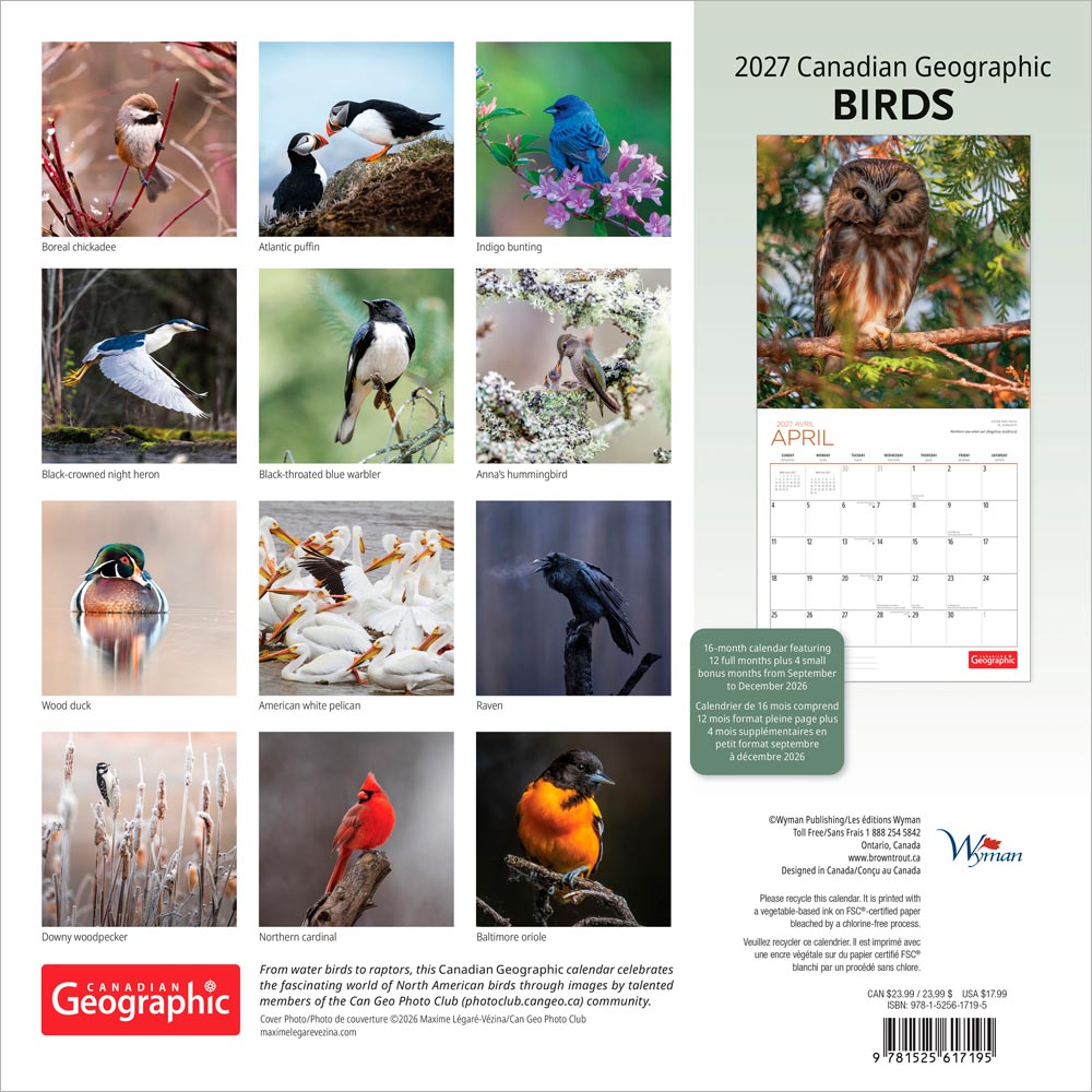 Canadian Geographic Birds OFFICIAL | 2027 12 x 24 Inch (Hanging) Monthly Square Wall Calendar | Foil Stamped Cover