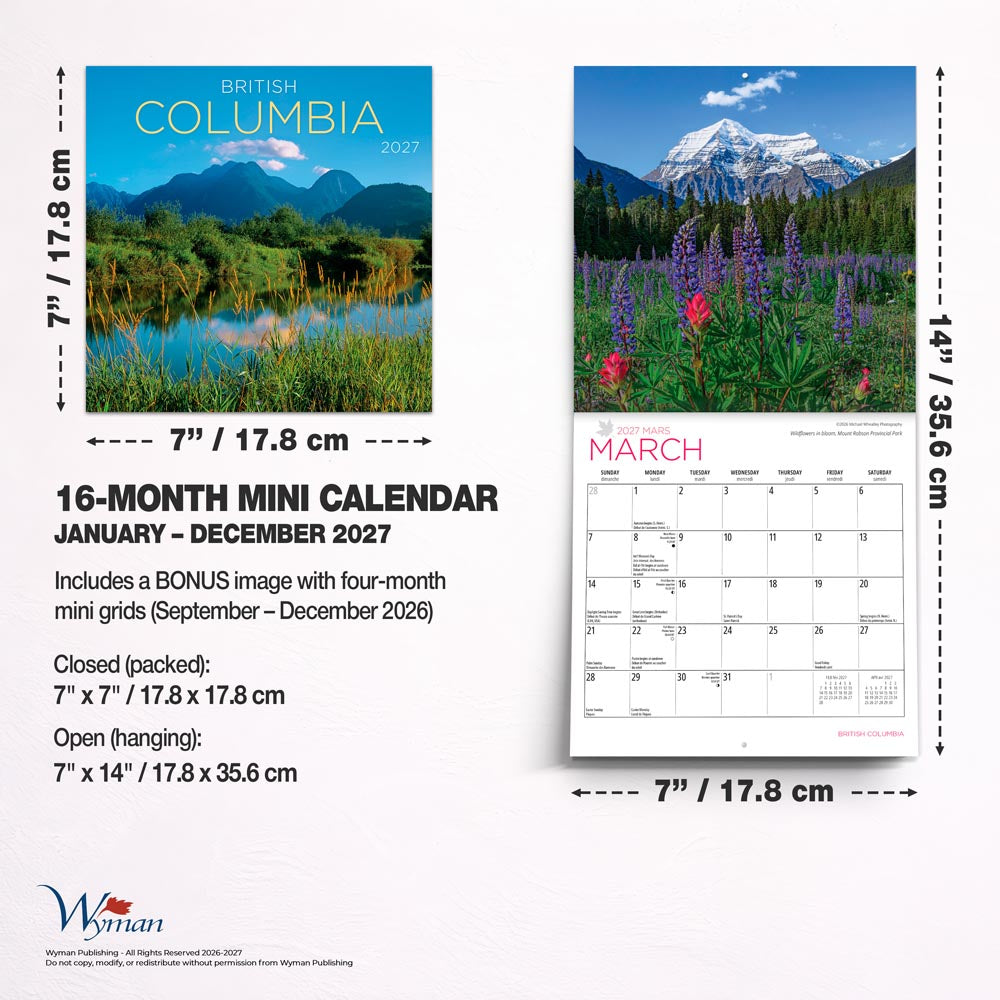 British Columbia | 2027 7 x 14 Inch (Hanging) Monthly Mini Wall Calendar
