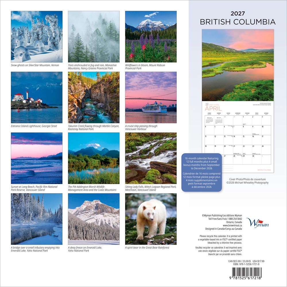 British Columbia | 2027 12 x 24 Inch (Hanging) Monthly Square Wall Calendar