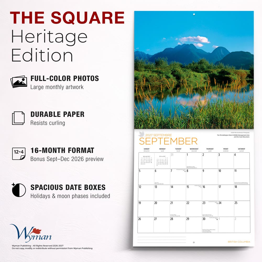 British Columbia | 2027 12 x 24 Inch (Hanging) Monthly Square Wall Calendar