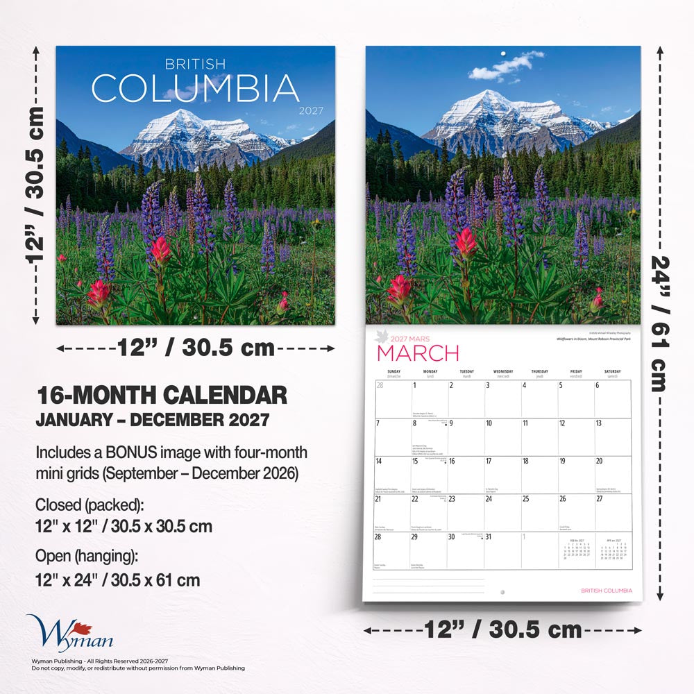 British Columbia | 2027 12 x 24 Inch (Hanging) Monthly Square Wall Calendar