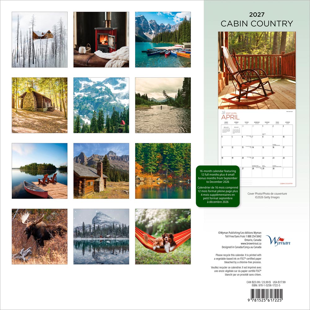 Cabin Country | 2027 12 x 24 Inch (Hanging) Monthly Square Wall Calendar
