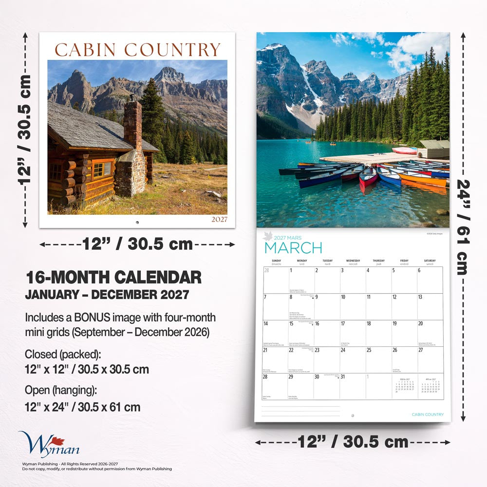 Cabin Country | 2027 12 x 24 Inch (Hanging) Monthly Square Wall Calendar