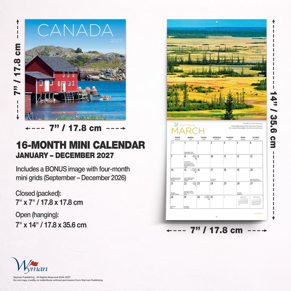 Canada | 2027 7 x 14 Inch (Hanging) Monthly Mini Wall Calendar | English/French Bilingual