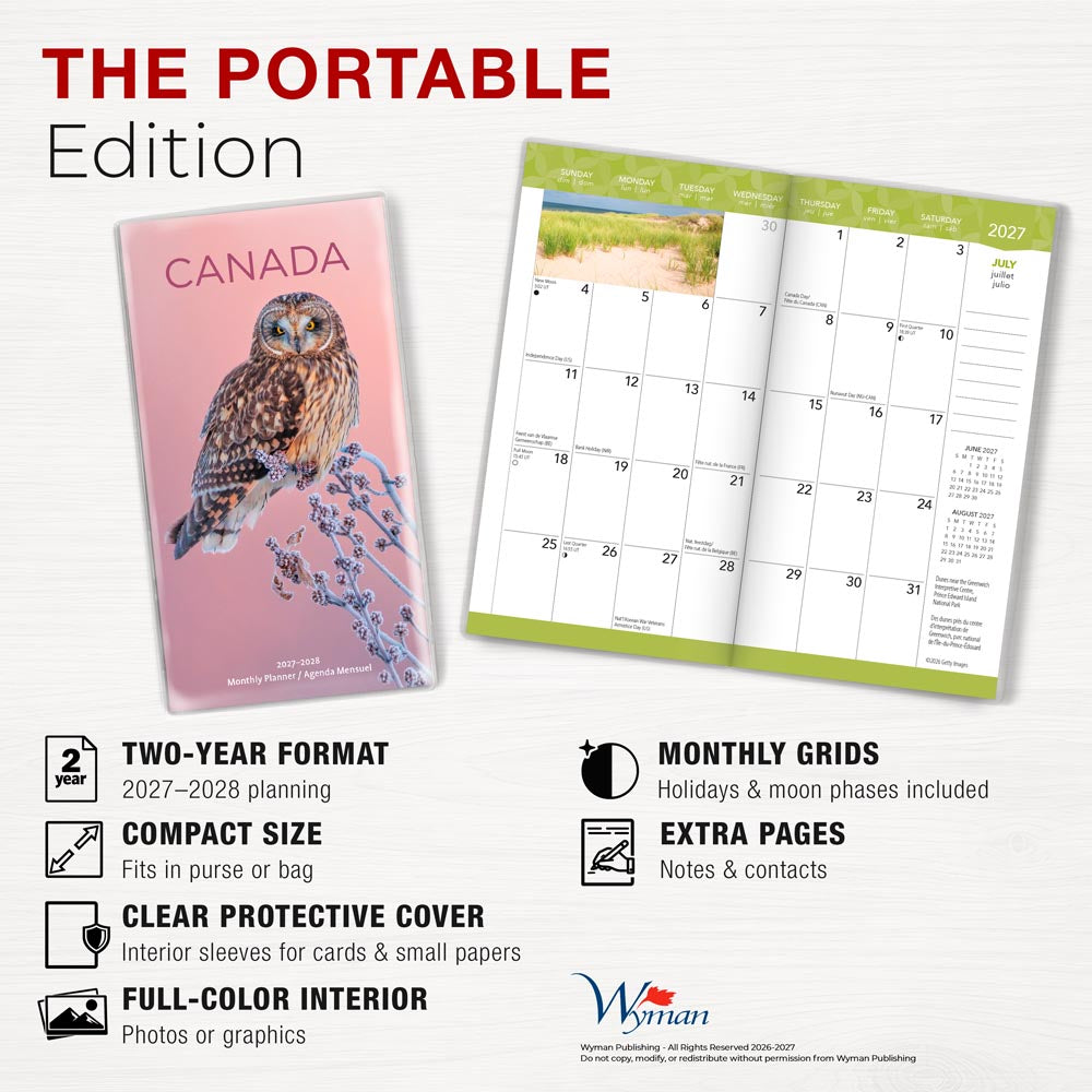 Canada | 2027-2028 3.5 x 6.5 Inch Two Year Monthly Pocket Planner Calendar | English/French Bilingual